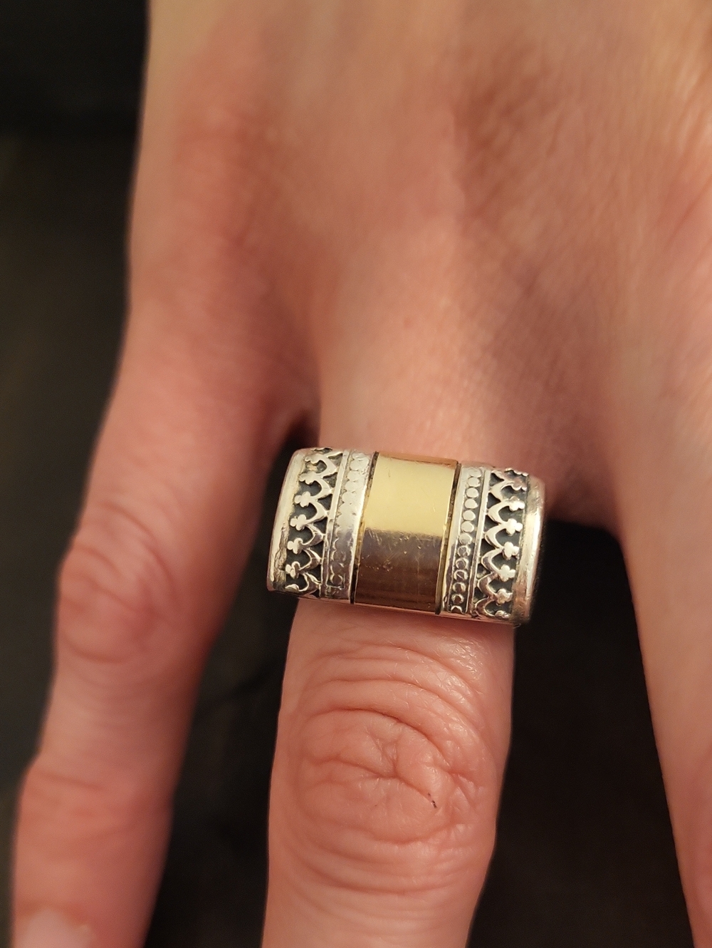 Vintage 925 Sterling Silver 14k Gold Two Tone Wide Cigar Band Ring